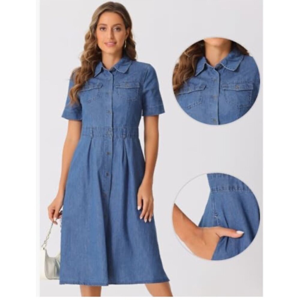 Allegra K Damen Jeanskleid A-Line Knopfleiste Kragan Kurzarm Denim Midi Dress S